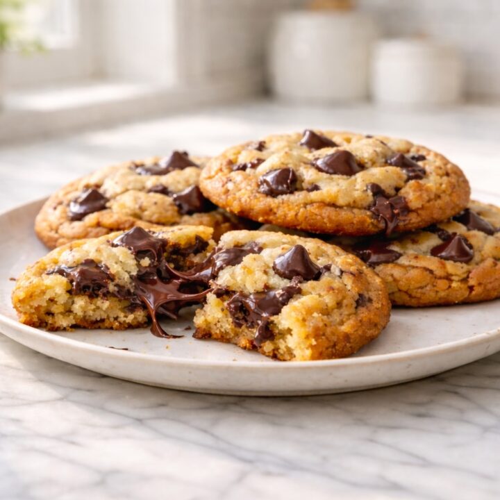 Brown butter chocolate chip cookies recipe overview showing soft cookies with melted chocolate chips