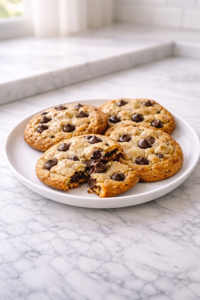 Brown butter chocolate chip cookies served on a plate with melted chocolate chips
