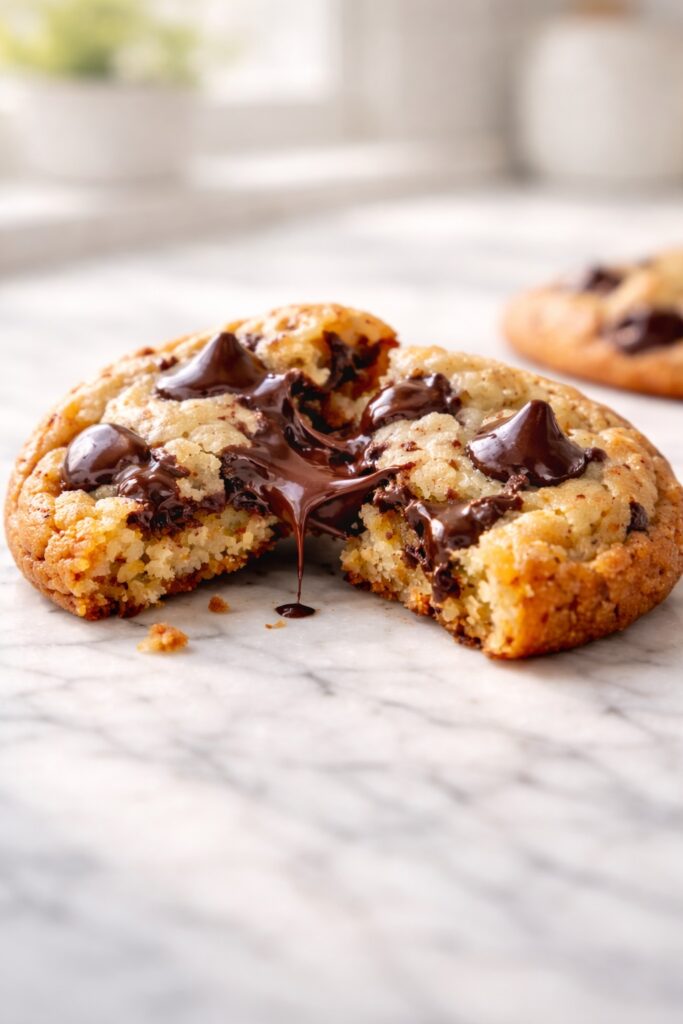 Close-up of brown butter chocolate chip cookies showing soft chewy crumb
