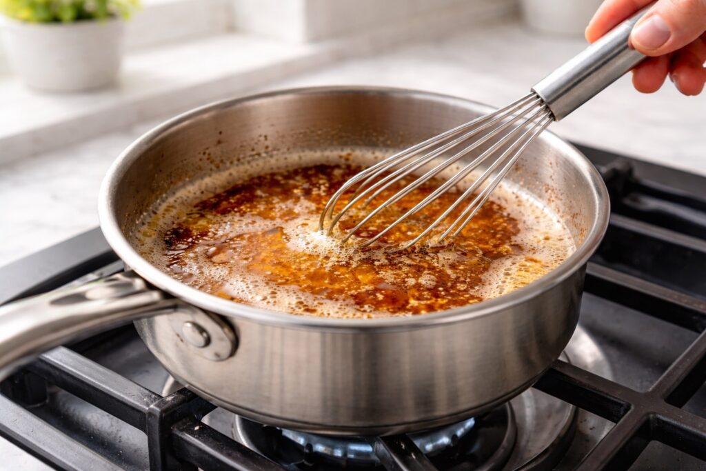 Butter browning in a saucepan creating nutty caramelized butter for chocolate chip cookies