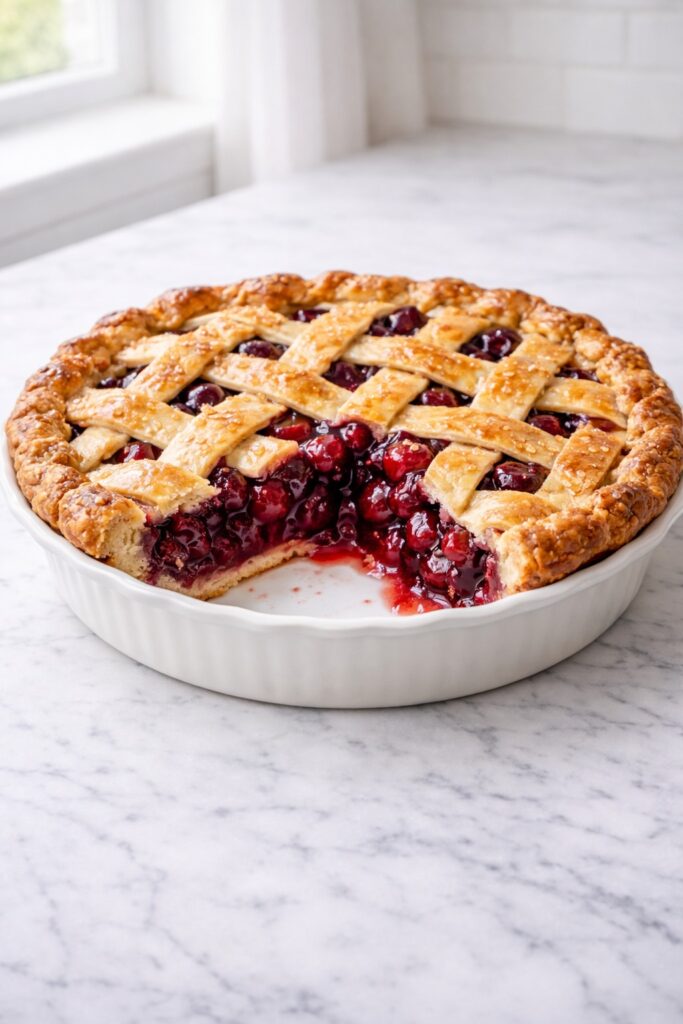 Homemade cherry pie with golden lattice crust and glossy cherry filling