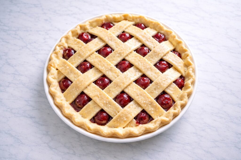 Unbaked cherry pie with lattice crust ready for the oven