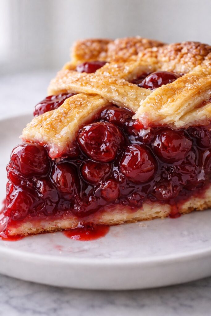Close-up of cherry pie filling showing glossy cherries and jammy syrup texture