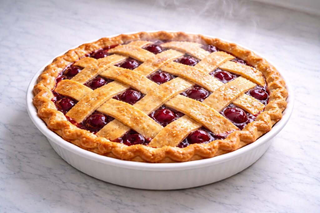 Freshly baked cherry pie with bubbling cherry filling and golden crust