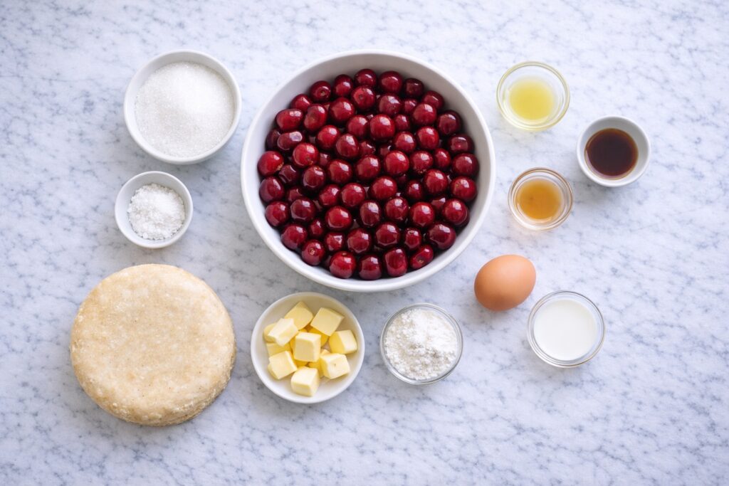 Ingredients for cherry pie including cherries sugar cornstarch lemon juice butter and pie crust