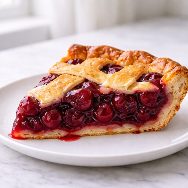 Slice of homemade cherry pie showing thick glossy cherry filling and flaky crust