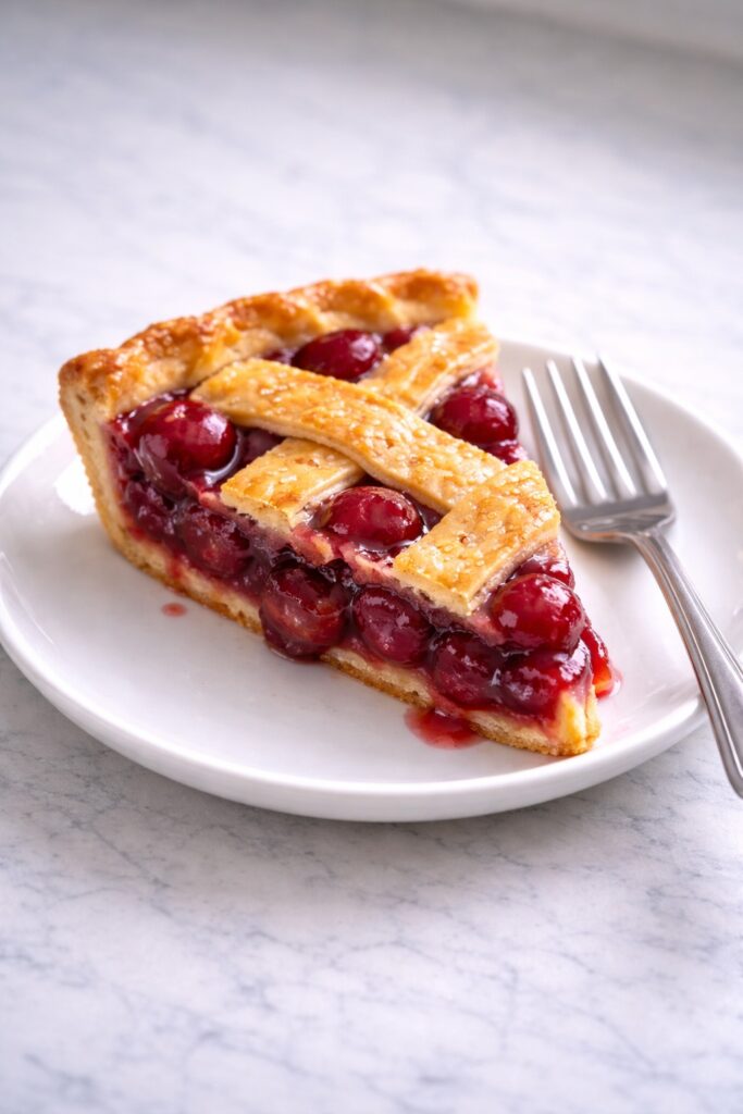 Slice of cherry pie served on white dessert plate with fork