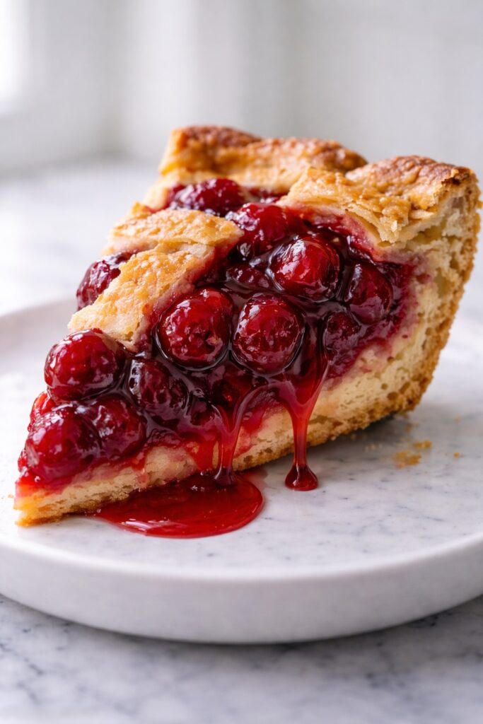 Cherry pie slice with thick glossy cherry filling and cherry syrup dripping down flaky golden crust