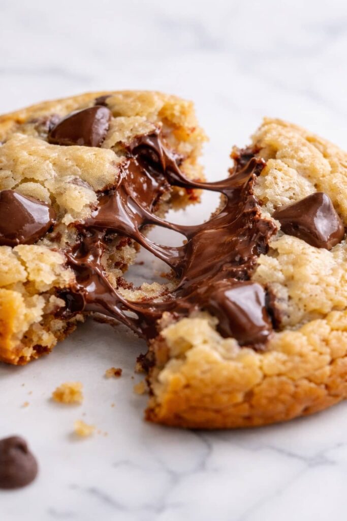 Close up of chewy chocolate chip cookie with melted chocolate and soft center texture