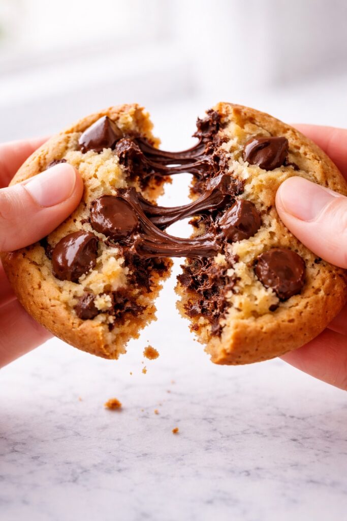 Hands breaking a soft chocolate chip cookie with gooey melted chocolate stretching and chewy center visible