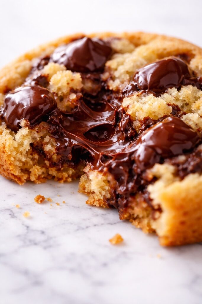 Close up of chocolate chip cookie with soft chewy crumb and melted chocolate pockets visible
