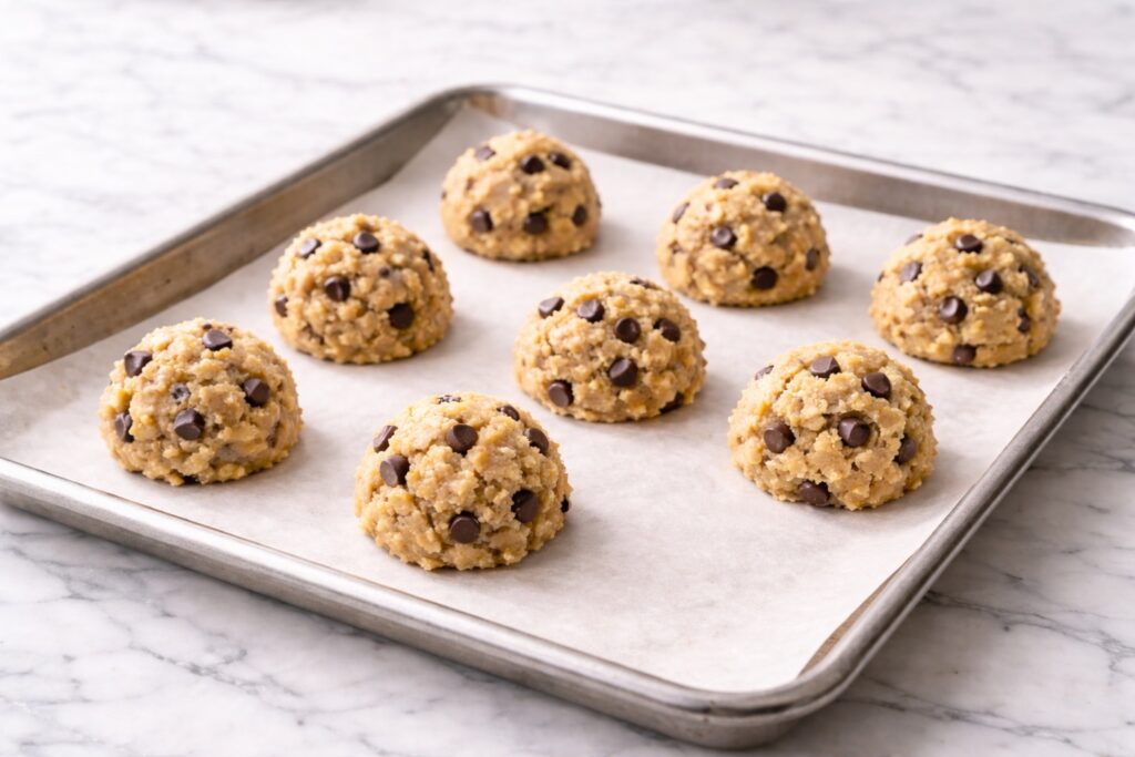 Chocolate chip cookie dough balls arranged on a baking tray before baking