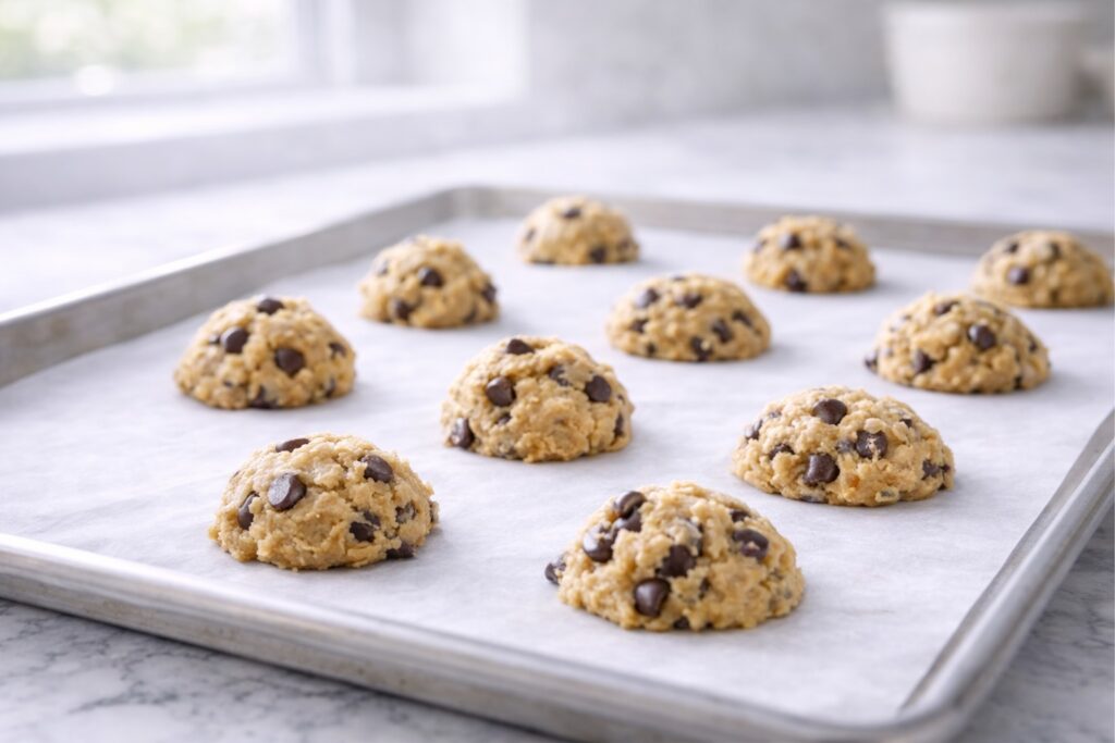 Chocolate chip cookie dough balls spaced on a baking sheet before baking with visible chocolate chips