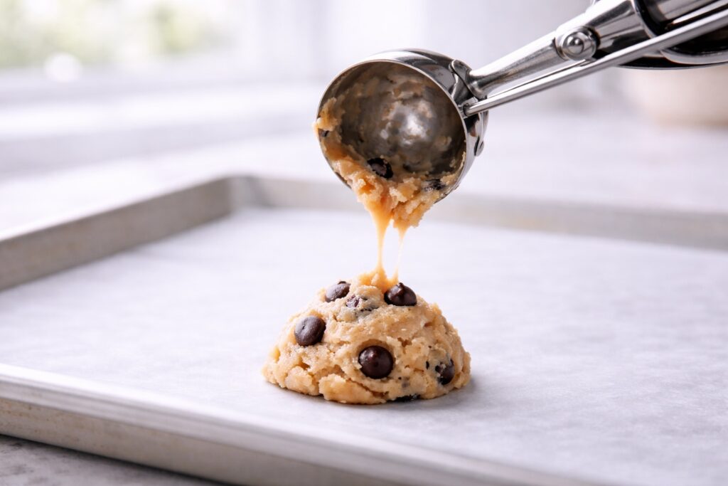 Chocolate chip cookie dough being scooped onto a baking sheet with a cookie scoop, soft dough texture visible