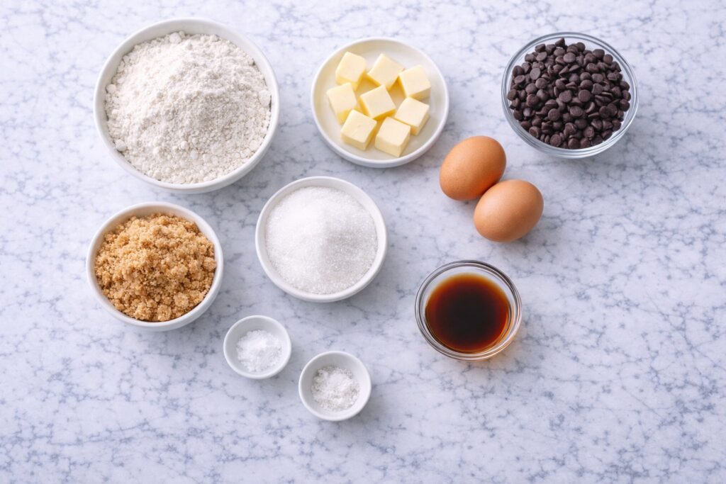 Chocolate chip cookie ingredients arranged on a marble surface including flour butter sugar eggs vanilla and chocolate chips