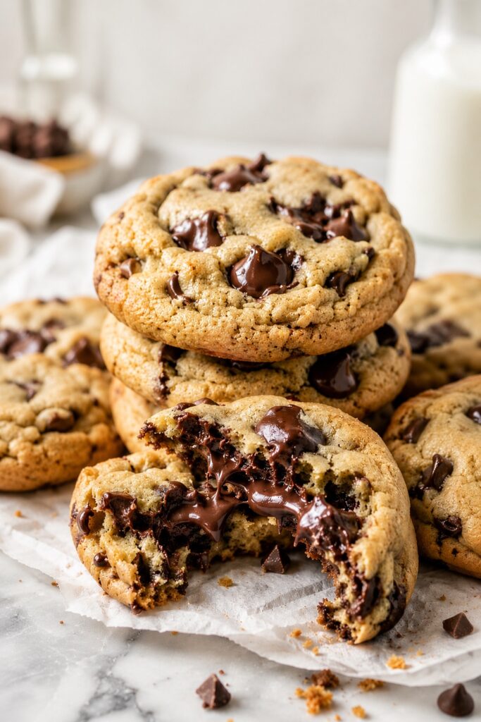 Chocolate Chip Cookies Classic Recipe Stack of thick homemade chocolate chip cookies with gooey melted chocolate centers on parchment paper in a bright airy kitchen setting
