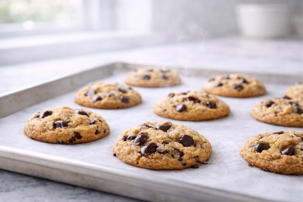 Freshly baked chocolate chip cookies on a baking sheet with golden edges and soft centers, slightly warm with melted chocolate