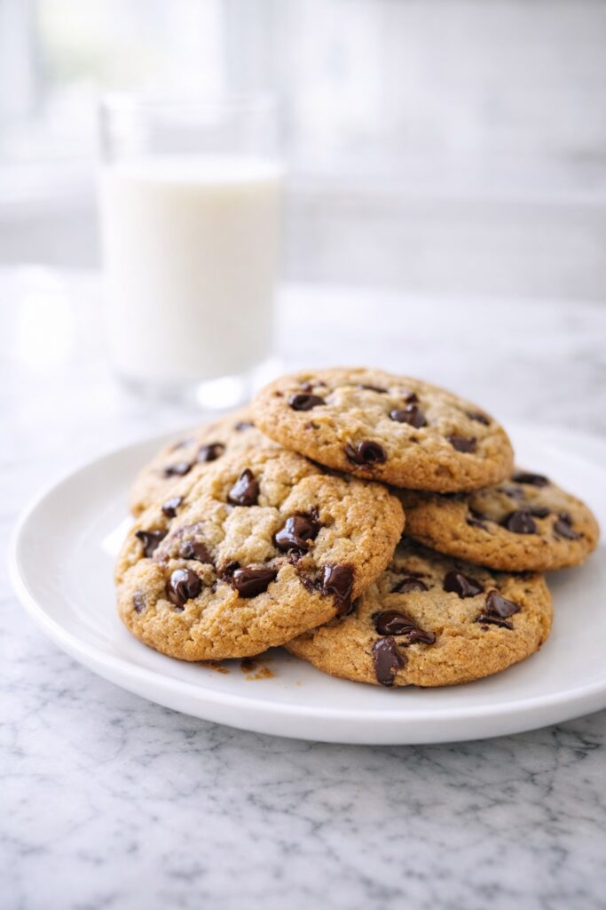 Chocolate chip cookies served on a plate with a glass of milk, soft chewy texture and melted chocolate visible