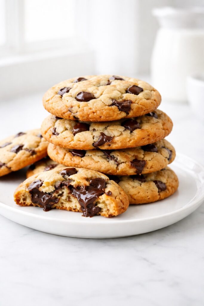 Chocolate chip cookies stacked on a white plate with golden crisp edges and soft chewy centers, melted chocolate visible