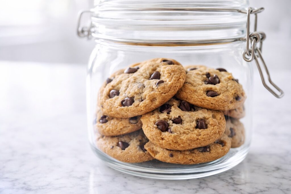 Chocolate chip cookies stored in a glass airtight container on a marble countertop, soft texture visible