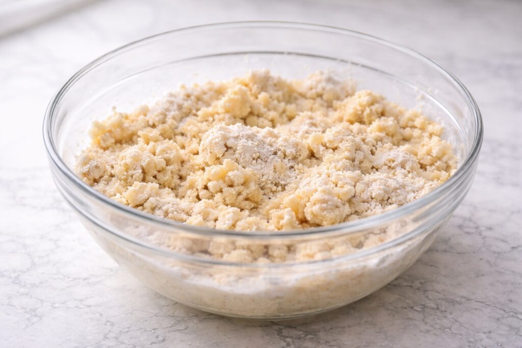cookie dough mixture after flour added showing crumbly dry texture before adding milk