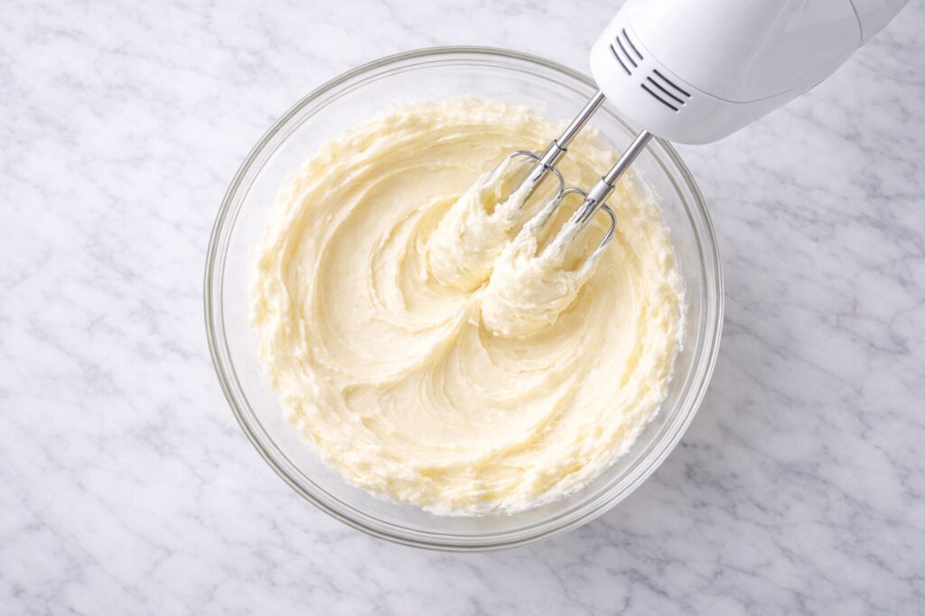 Butter and sugar being creamed together in a glass bowl with a hand mixer until light, fluffy, and smooth for lemon cake batter