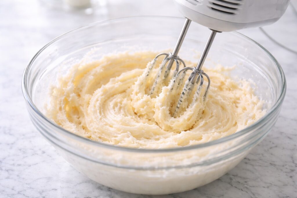 Butter and sugar being creamed in a bowl until light and fluffy using a hand mixer