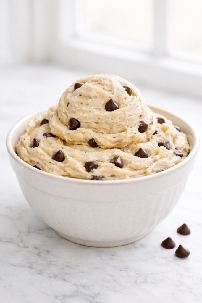 edible cookie dough in glass bowl with creamy smooth texture and chocolate chips