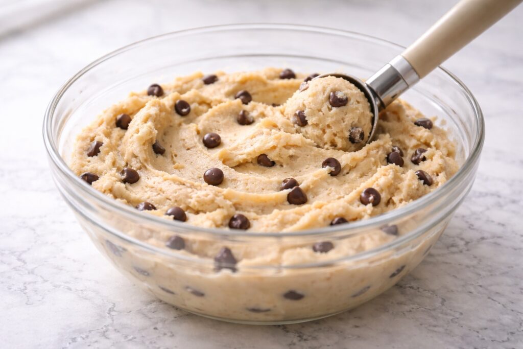 perfect edible cookie dough texture soft smooth and scoopable with chocolate chips