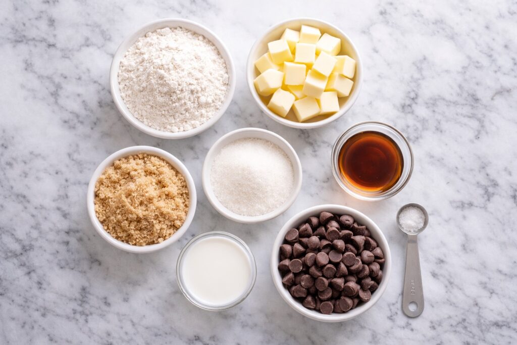 flat lay of edible cookie dough ingredients including flour butter sugar milk chocolate chips and vanilla