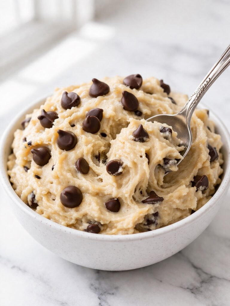 edible cookie dough served in bowl with spoon showing creamy texture and chocolate chips