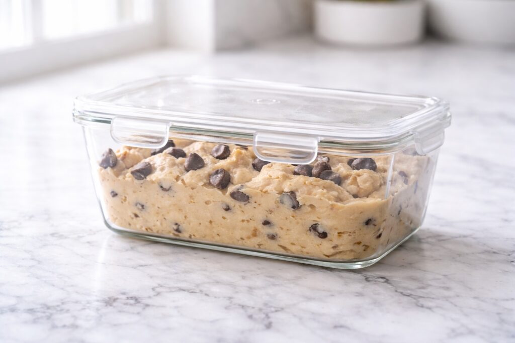edible cookie dough stored in airtight glass container on marble counter
