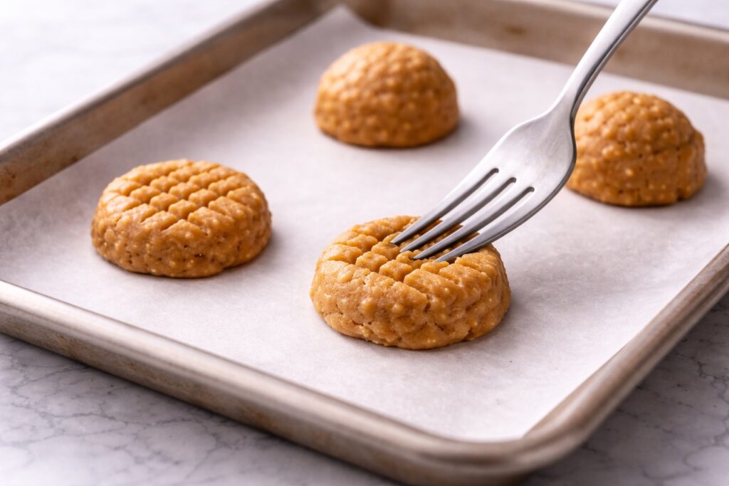 pressing crisscross fork pattern into peanut butter cookie dough