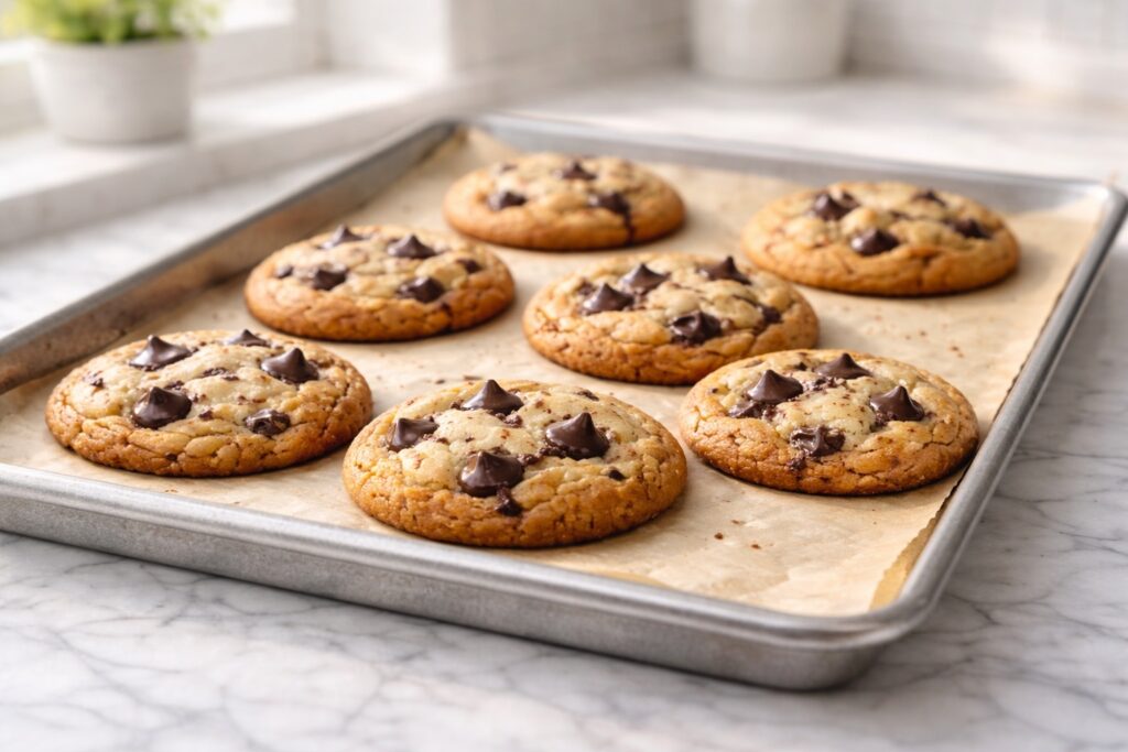 Fresh baked brown butter chocolate chip cookies cooling on a baking tray