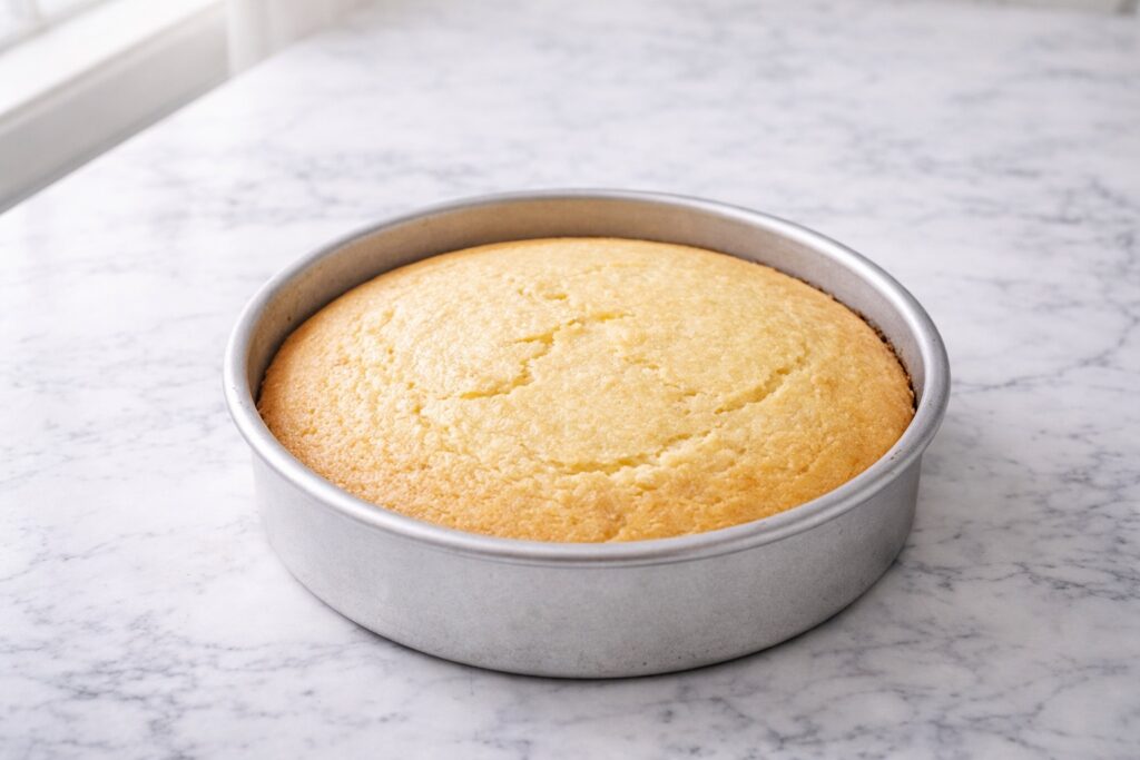 Freshly baked lemon cake in pan with light golden top and soft texture