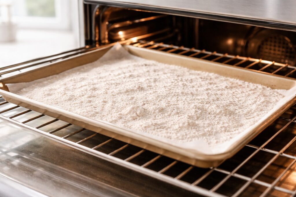 flour spread on baking tray inside oven for heat treating before making edible cookie dough