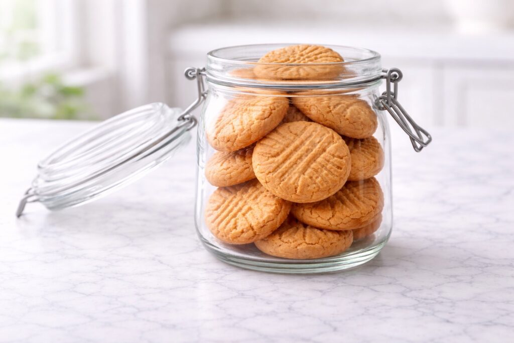 peanut butter cookies stored in airtight glass jar