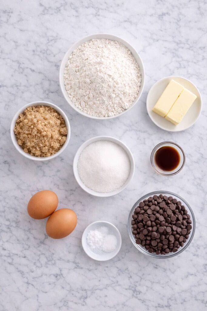 Ingredients for chocolate chip cookie recipe including flour butter sugars eggs vanilla and chocolate chips