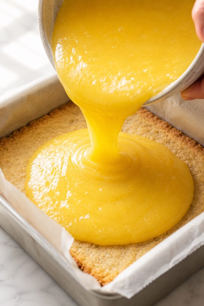 Lemon Bars Pouring Lemon Filling Over Crust