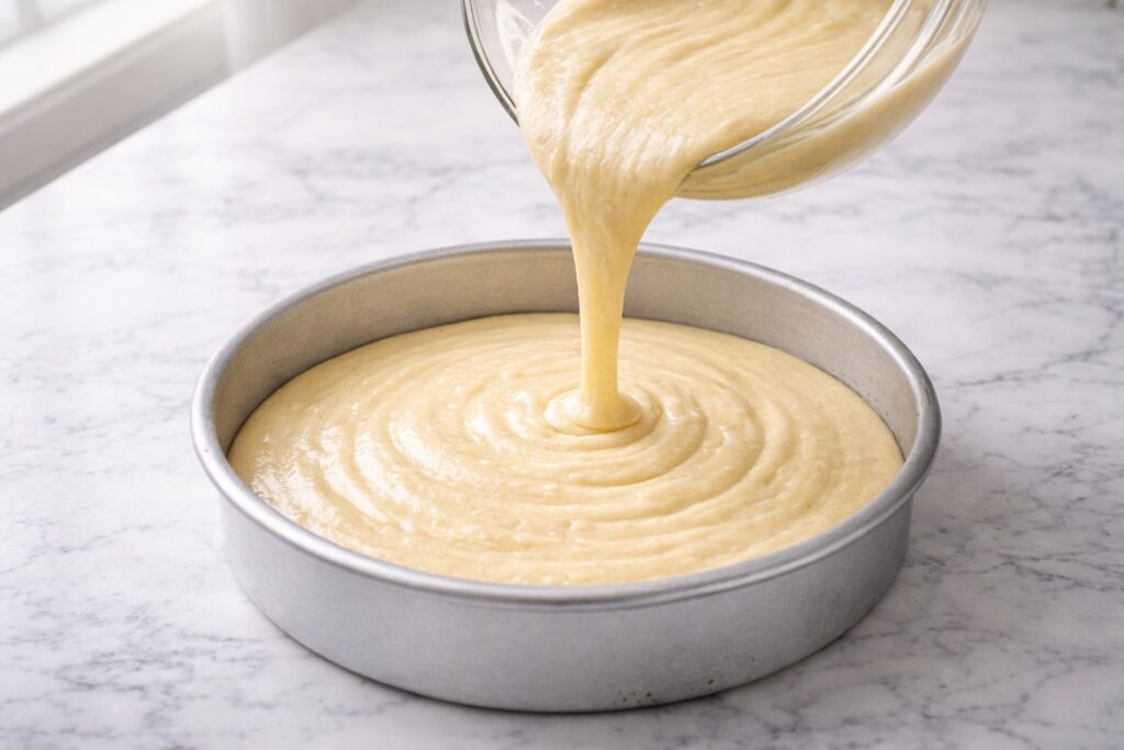 Lemon cake batter being poured into round cake pan smoothly