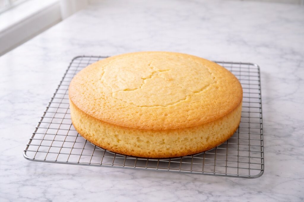 Lemon cake cooling on wire rack showing soft crumb and golden surface