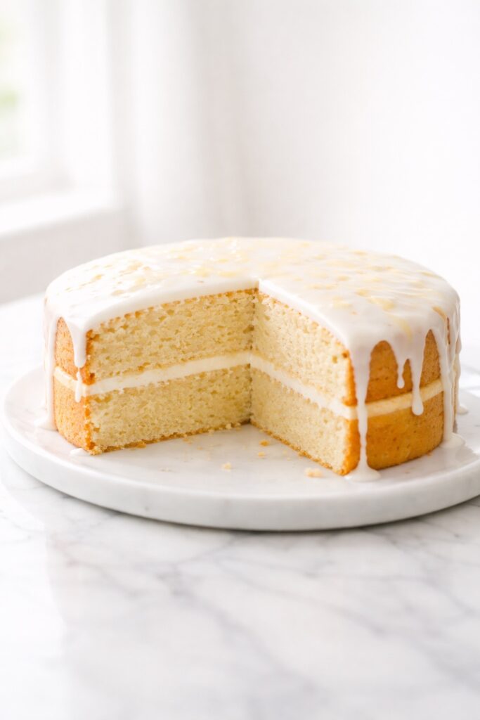 Soft lemon layer cake with light glaze and moist tender crumb