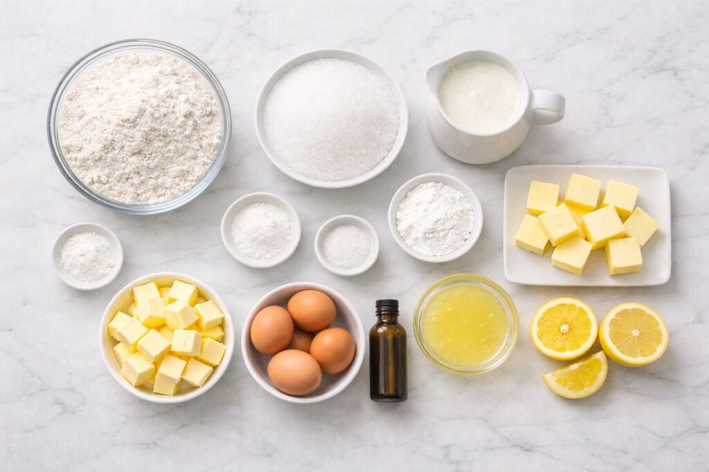 Measured ingredients for lemon cake arranged on a white marble counter including flour, sugar, butter, eggs, lemon zest, lemon juice, buttermilk, and baking ingredients