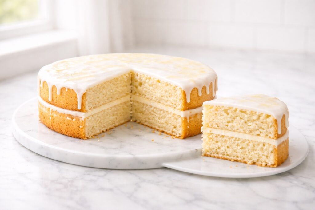 Slice of lemon cake showing soft moist crumb and airy texture