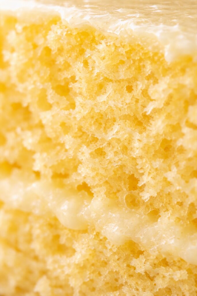 Ultra close up of lemon cake crumb showing soft moist airy texture