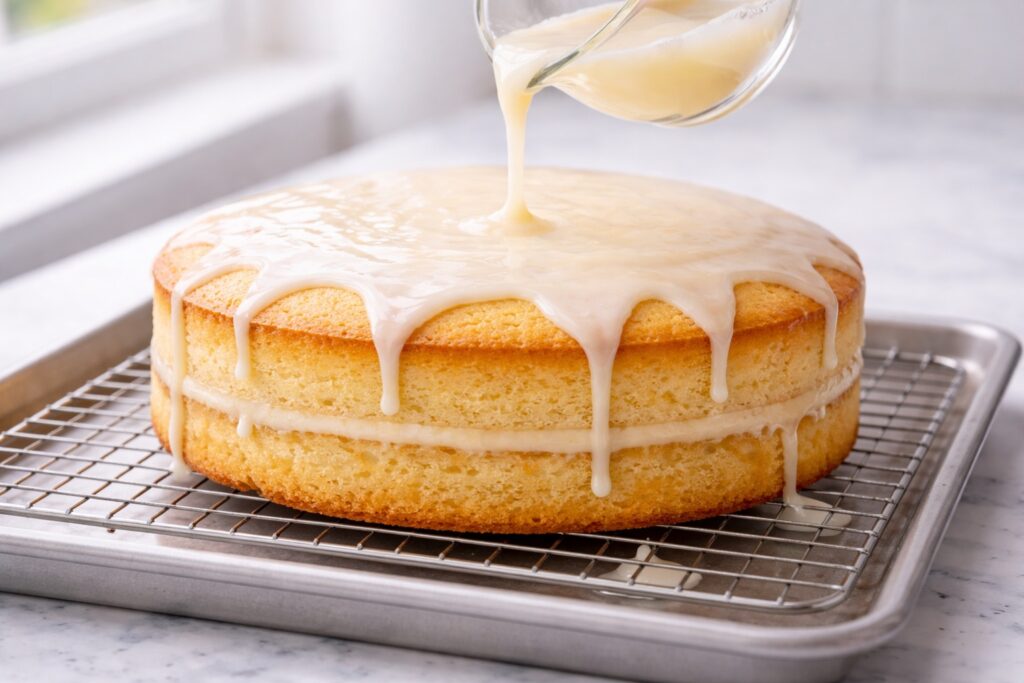 Lemon glaze being poured over a two layer lemon cake on a wire rack