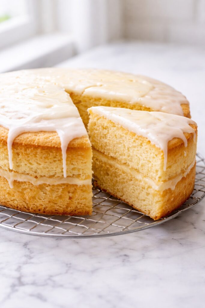 Lemon cake slice close up with moist crumb and light glaze