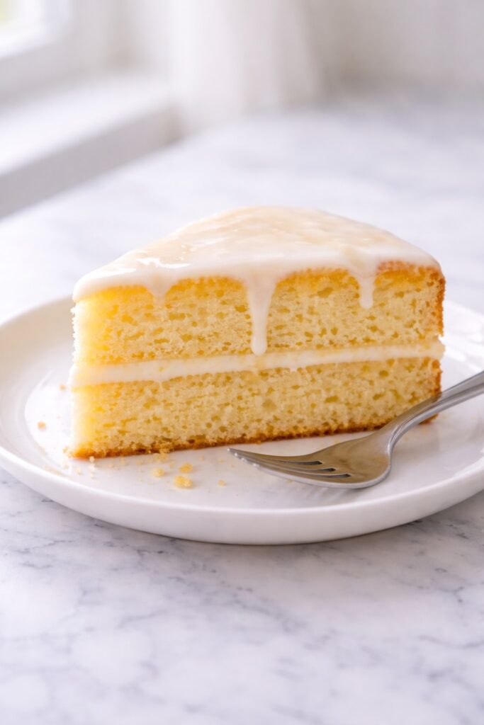 Slice of lemon cake served on white plate with soft moist crumb