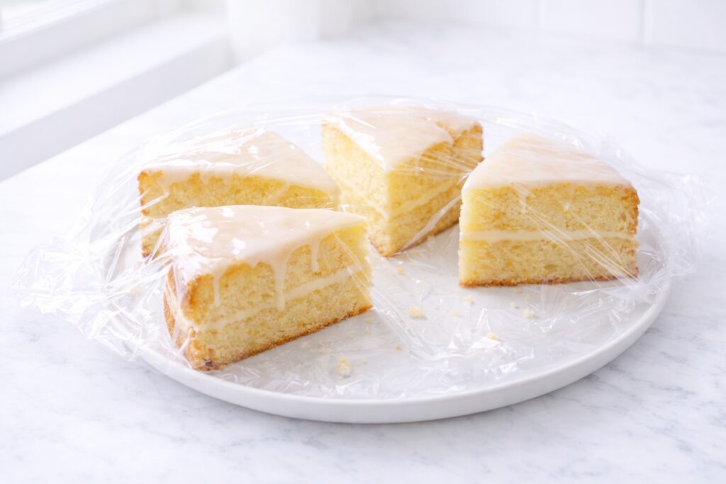 Lemon cake slices covered for storage with plastic wrap on plate