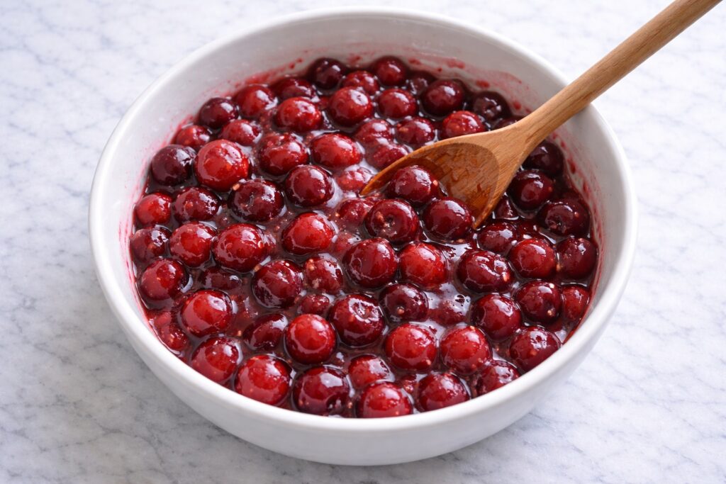 Mixing cherry pie filling with fresh cherries sugar and cornstarch in a bowl